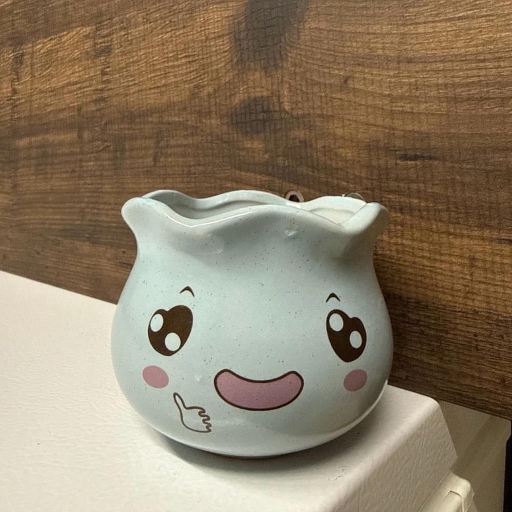 TAOZMY Brand Succulent Plant Pot Light Blue with Smiling Face Design Ceramic 3”